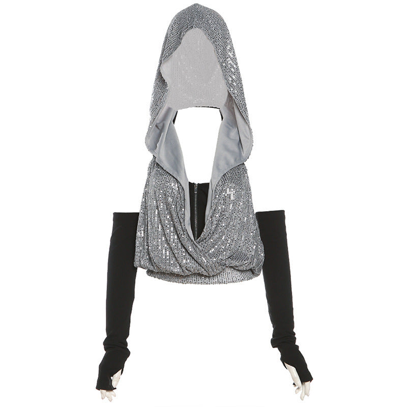 Dame Hoodie-top med glitrende pailletdetaljer og tætsiddende design Stilla