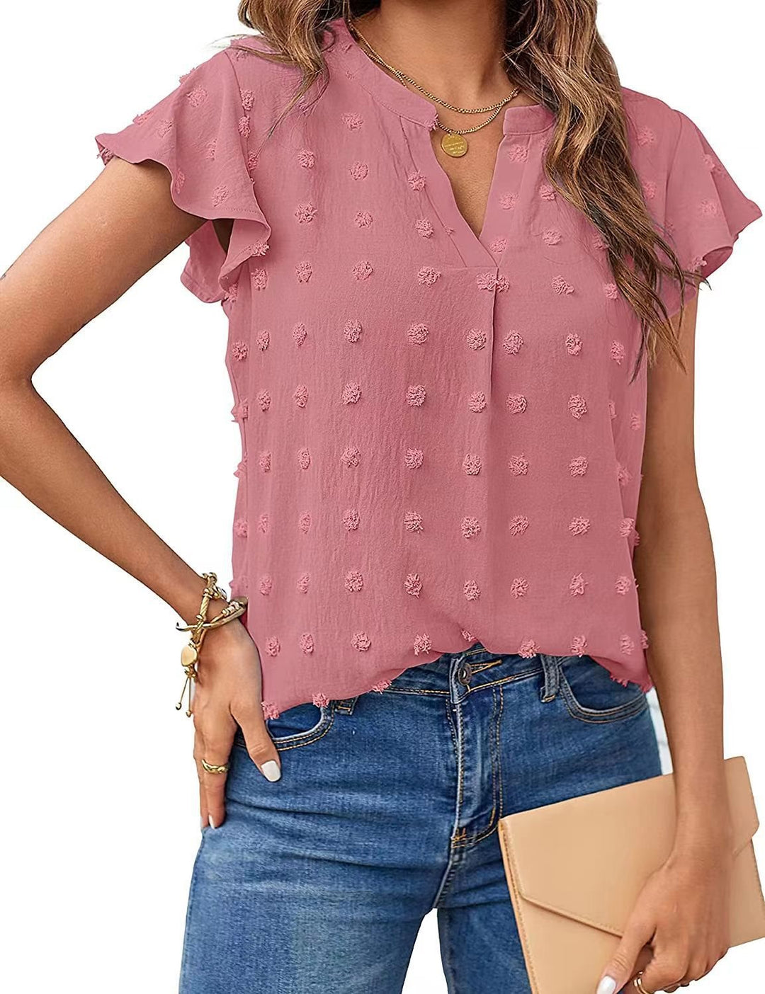 Dame elegant blouse med fint strukturdesign og korte ærmer Stilla