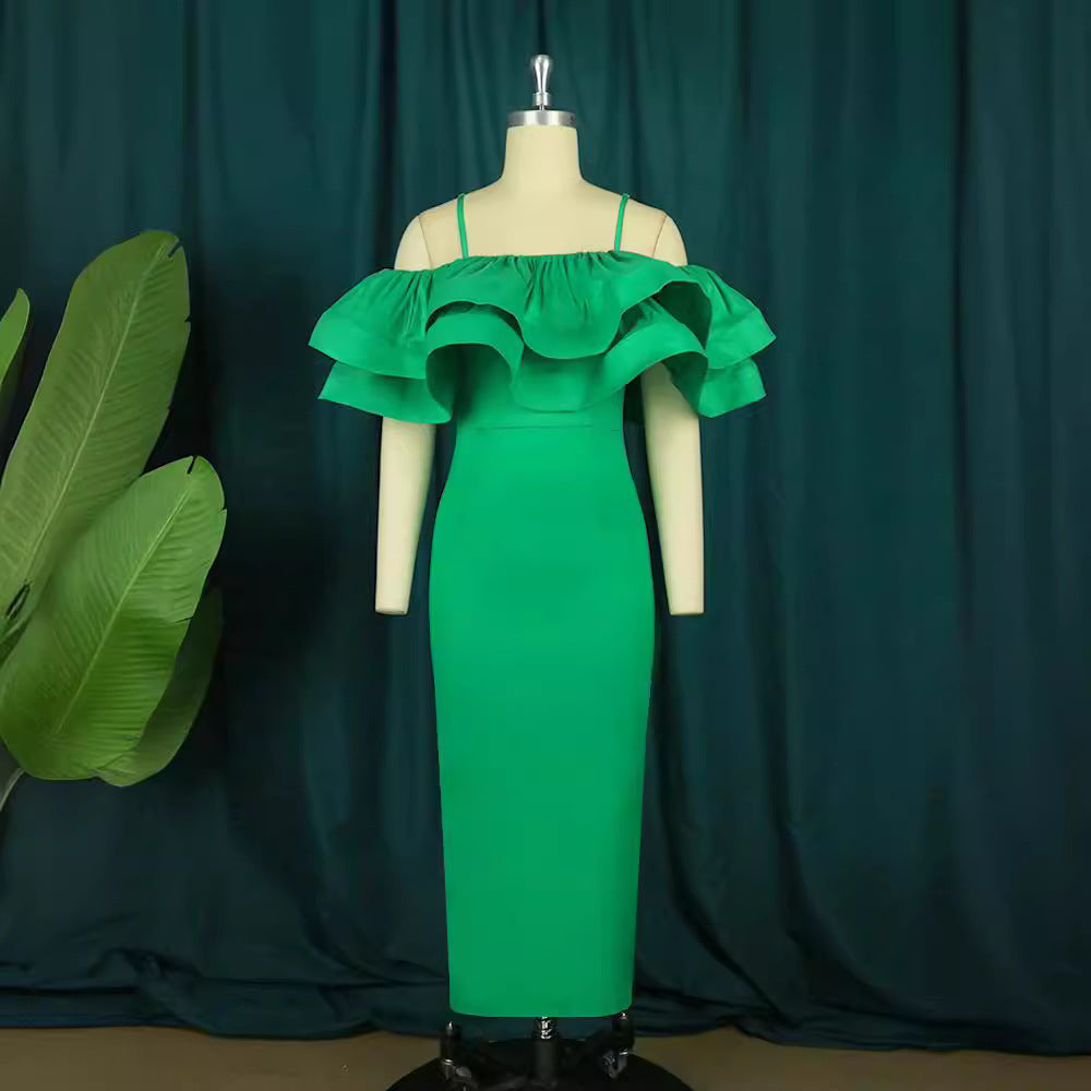 Dame elegant satin kjole med voluminøs flæser fald Skovae
