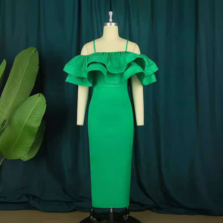 Dame elegant satin kjole med voluminøs flæser fald Skovae