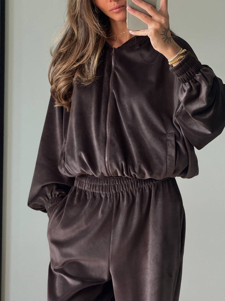 Kvinders fleece loungewear sæt med moderne lynlås og løs pasform