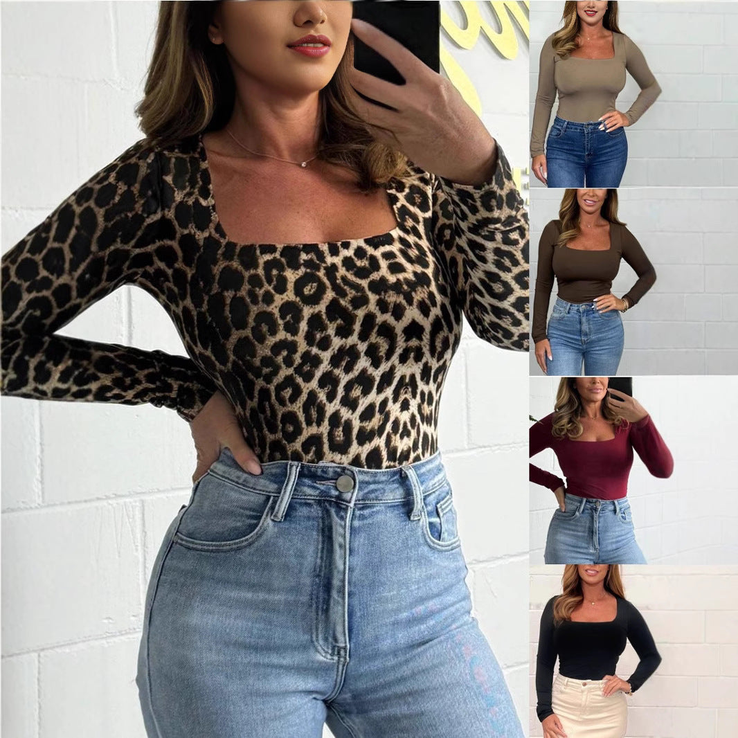 Dame langærmet bodystocking med leopardmønster og dyb udskæring Stilla