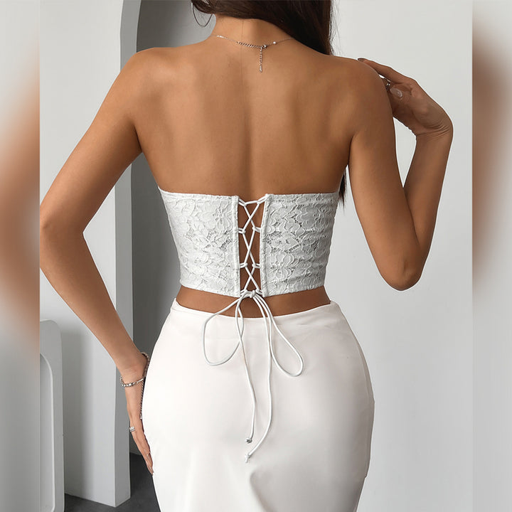 Dame Korset-Top med elegant satin-overflade og blondereinsats Stilla