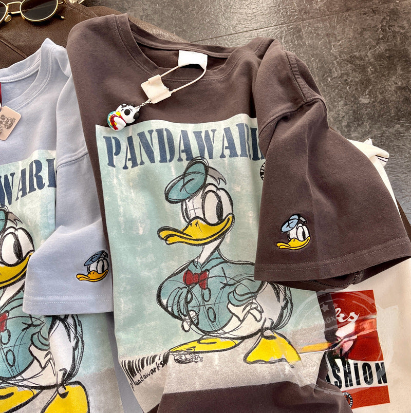 Dame T-shirt i vintage-look med kreativt cartoon-tryk Stilla
