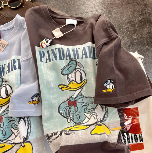 Dame T-shirt i vintage-look med kreativt cartoon-tryk Stilla