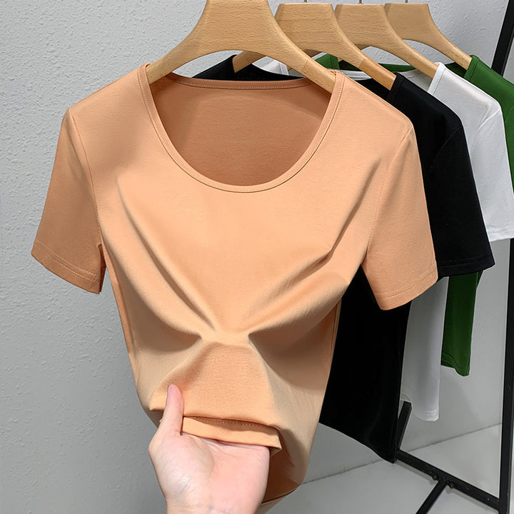Dame Basic T-Shirt med klassisk rund halsudskæring og blød materialeblanding Stilla