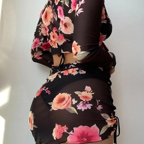 Dame blomstermønster crop top og miniskørt sæt Stilla