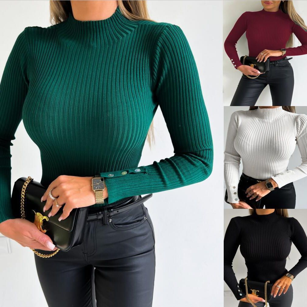 Dame finstrikpullover med højtstående krave og elegante knapdetaljer Stilla