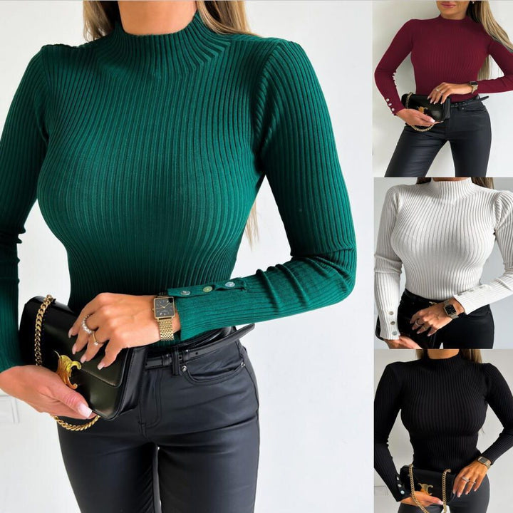 Dame finstrikpullover med højtstående krave og elegante knapdetaljer Stilla