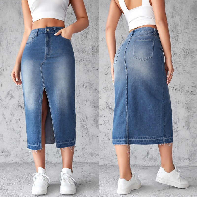 Dame Denim-Midirock med sidelidsrevne og frynset kant Stilla