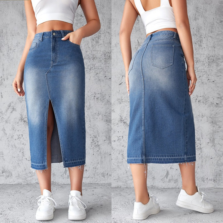 Dame Denim-Midirock med sidelidsrevne og frynset kant Stilla