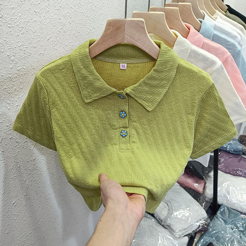 Dame Struktureret Korte Ærmer Polo T-shirt med Blomsterknapper Stilla