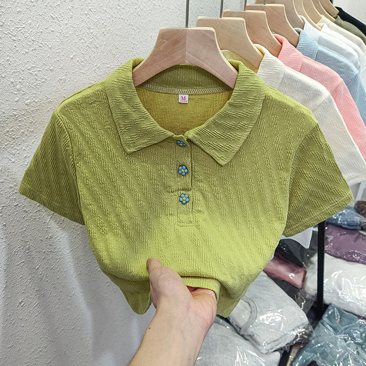 Dame Struktureret Korte Ærmer Polo T-shirt med Blomsterknapper Stilla
