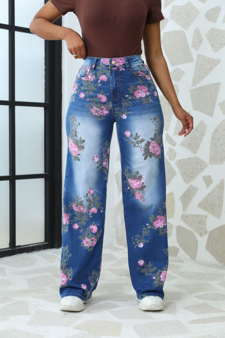 Dame bredtsnit jeans med blomsterprint Stilla