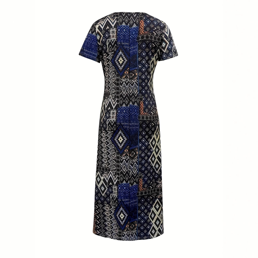 Dame maxikjole med geometrisk mønster og V-udskæring Skovae