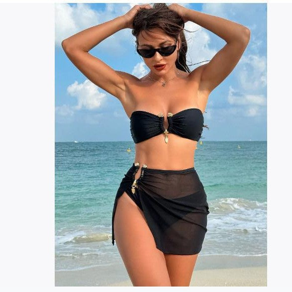 Dame Rynket Bandeau Bikini Sæt med stilfuld Nederdelsdæksel Stilla