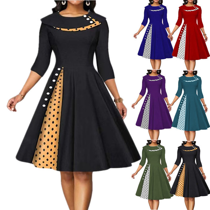 Dame Vintage A-linje kjole med elegant kraveparti og asymmetrisk design Stilla