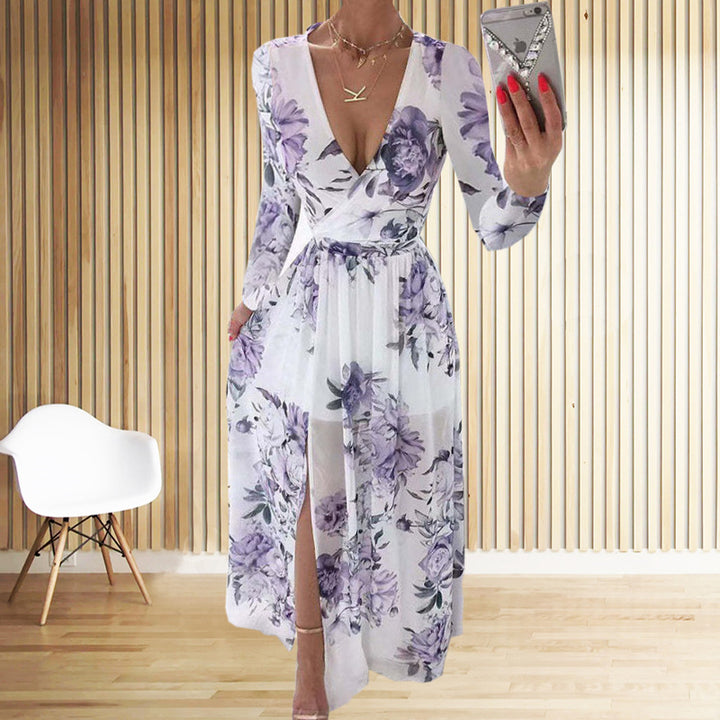Damer blomst design maxikjole med dyb slids og elegant indpakningslook Stilla