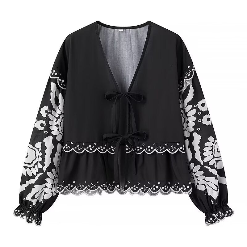 Dame let bluse med blomsterprint og taljebind Stilla