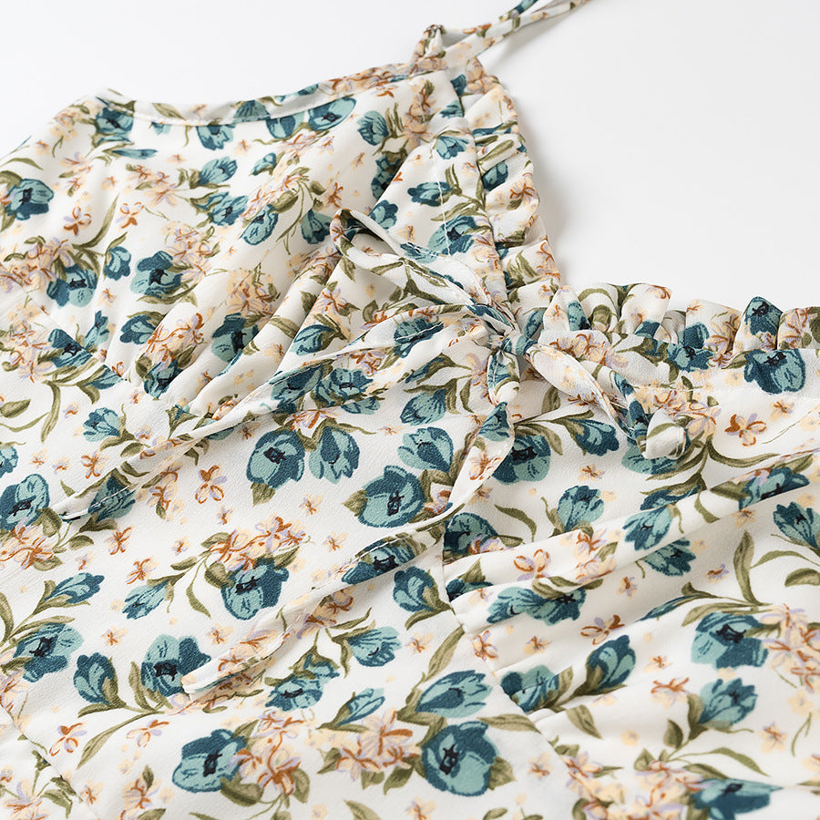 Dame Floral Mini Kjole med justerbare Spaghetti-stropper Stilla