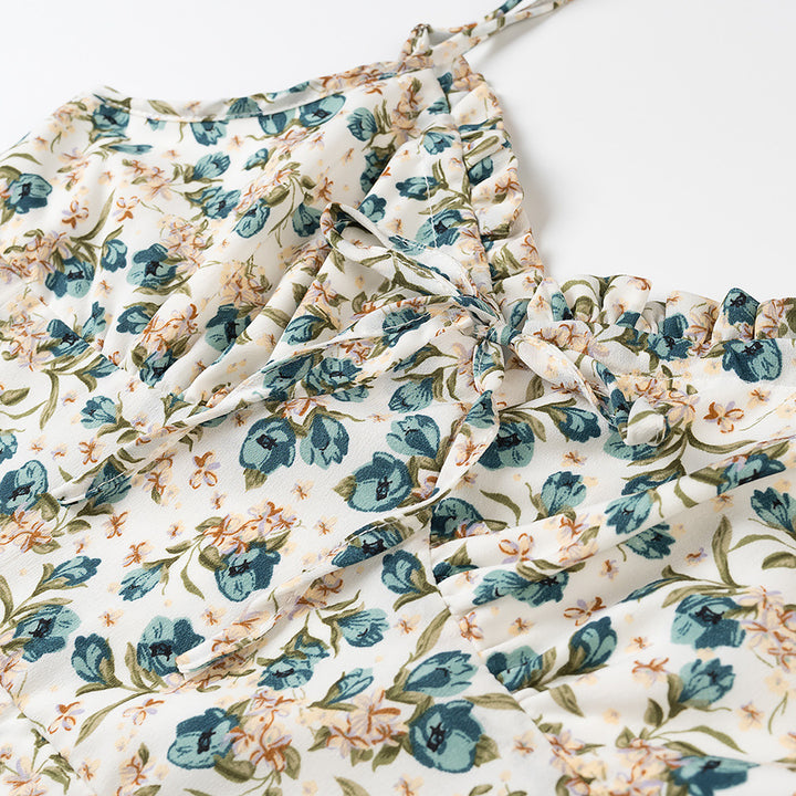 Dame Floral Mini Kjole med justerbare Spaghetti-stropper Stilla