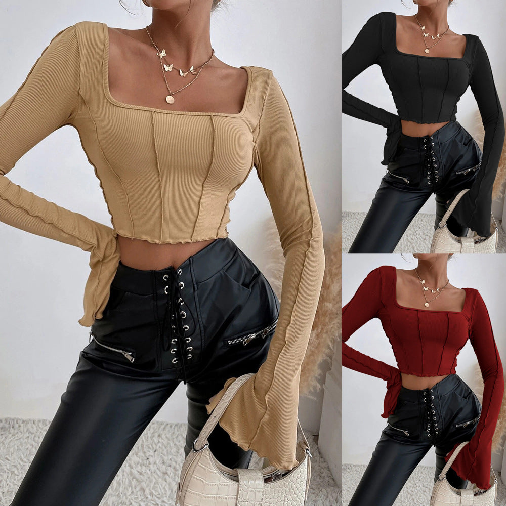Ladies Couture Crop Top med firkantet halsudskæring og lange ærmer Stilla