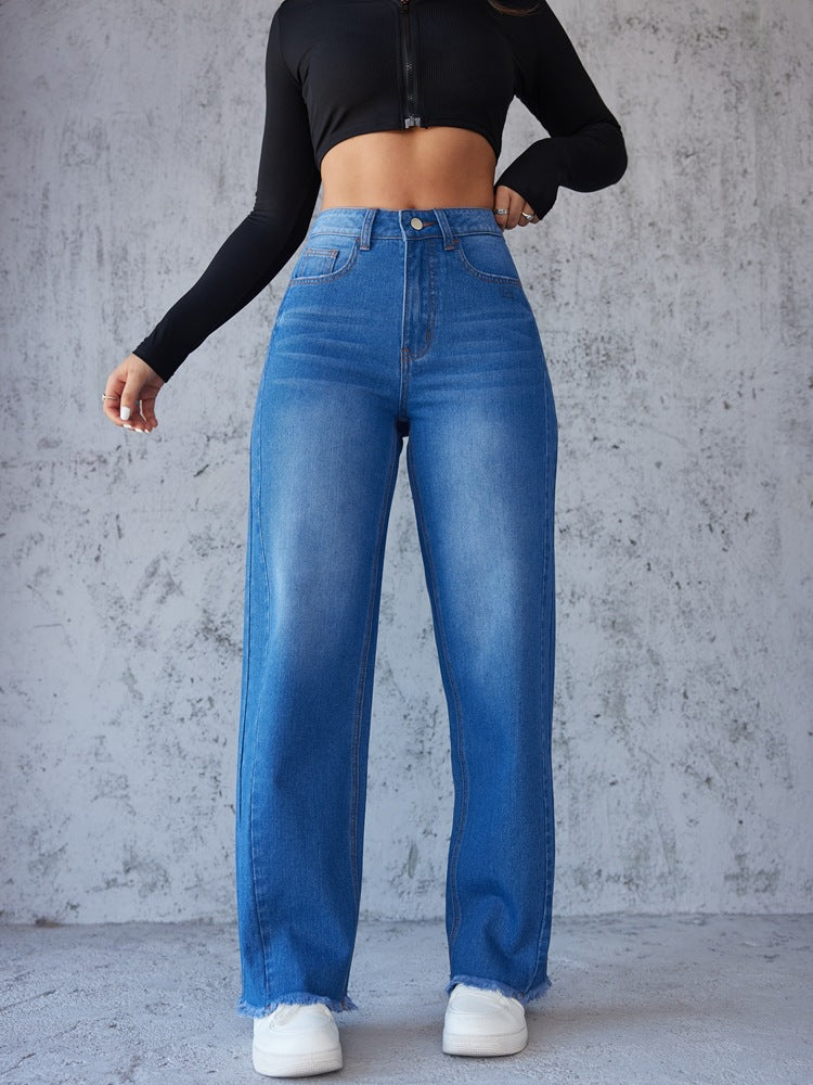 Dame Højtaljede Mom-Jeans med afslappet snit og frynset kant Stilla