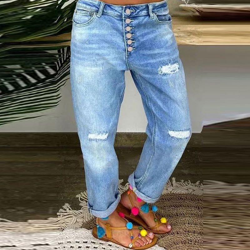 Dame Boyfriend Jeans med knaplukning og distressed effekter Stilla