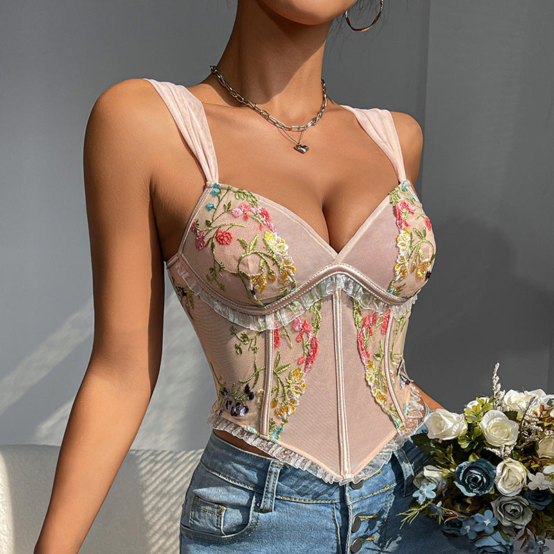 Damer Elegant spids-bustier med floral broderi og korsetslignende snit Stilla
