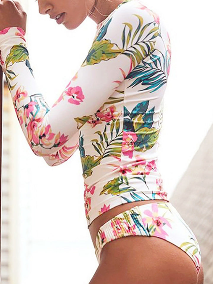 Dame Langærmet Floral Print Badeoverdel og -bundsæt Stilla