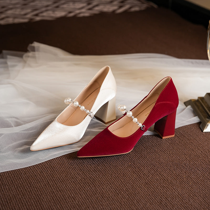 Dame elegant spids blokhæls pumps med perleaccent-detail Stilla