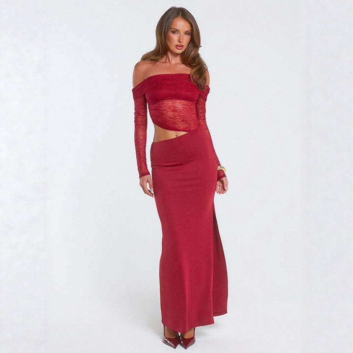 Dame elegant off-shoulder maxikjole med asymmetrisk snit og gennemsigtig spids Skovae