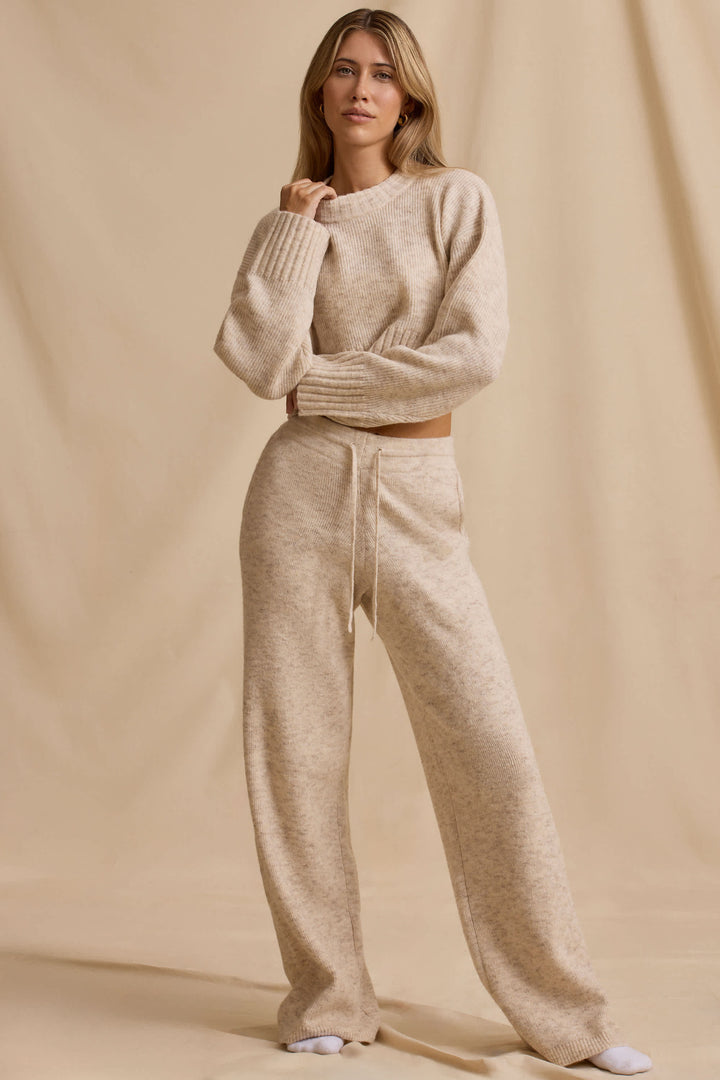 Dame afslappet og komfortabel strik sæt med cropped sweater og brede bukser Stilla