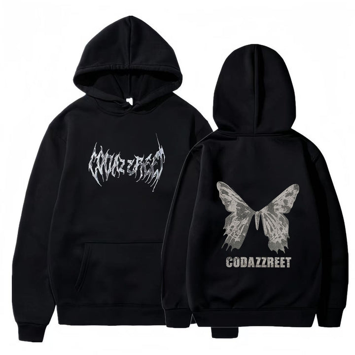 Kvinders hoodie med iøjnefaldende sommerfugl design og kunstnerisk skrift Skovae