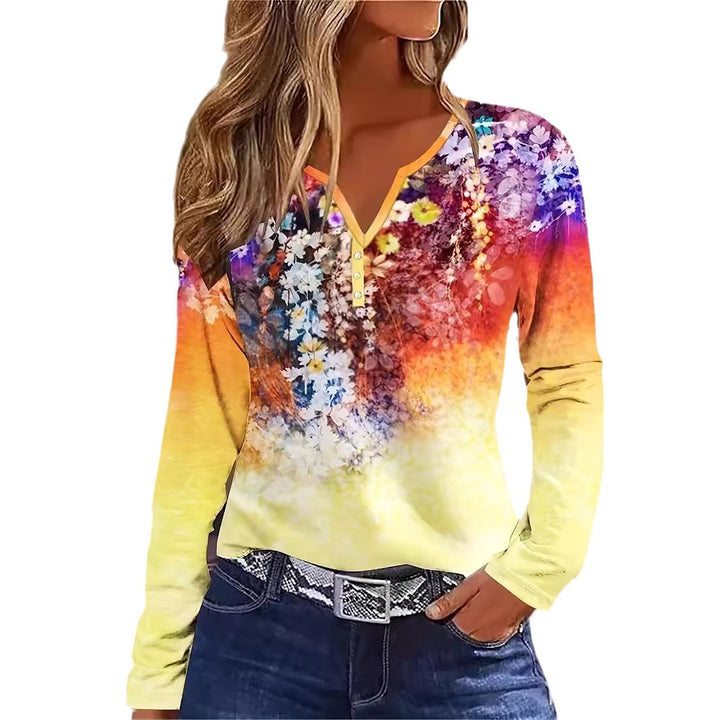 Dame Floral Langærmet T-shirt med Henley-udskæring og farvegradient Stilla