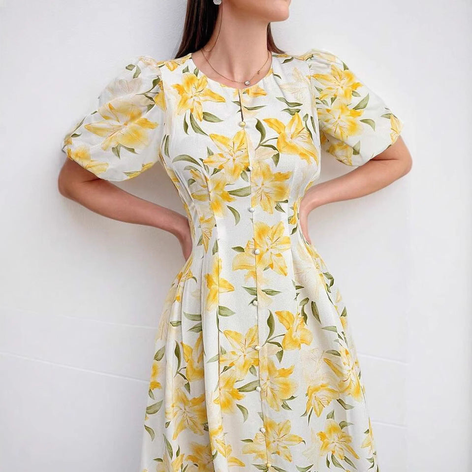Dame Blomster Puffærme Midi Kjole Stilla