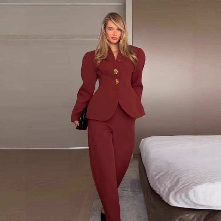 Kvinder Elegant Blazer og Bukser Sæt med Guldknapper Stilla