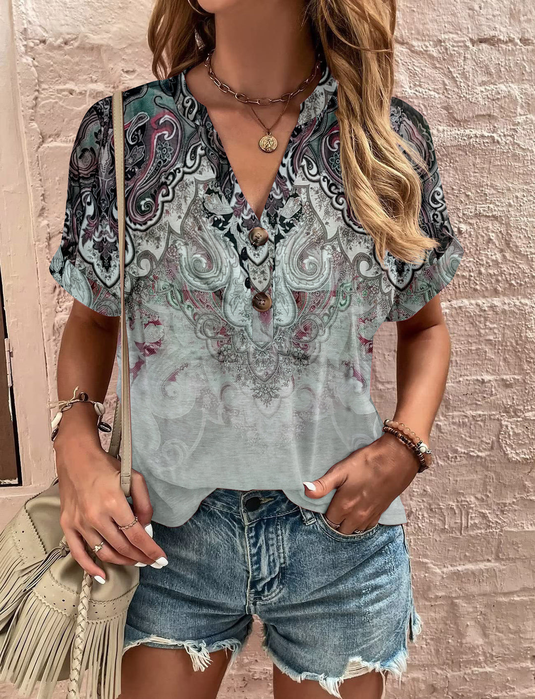 Dame kortærmet bluse med floral tryk Stilla