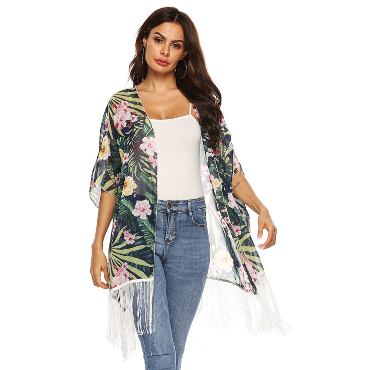 Dame Strandkimono med glad blomsterprint og fine frynser Stilla