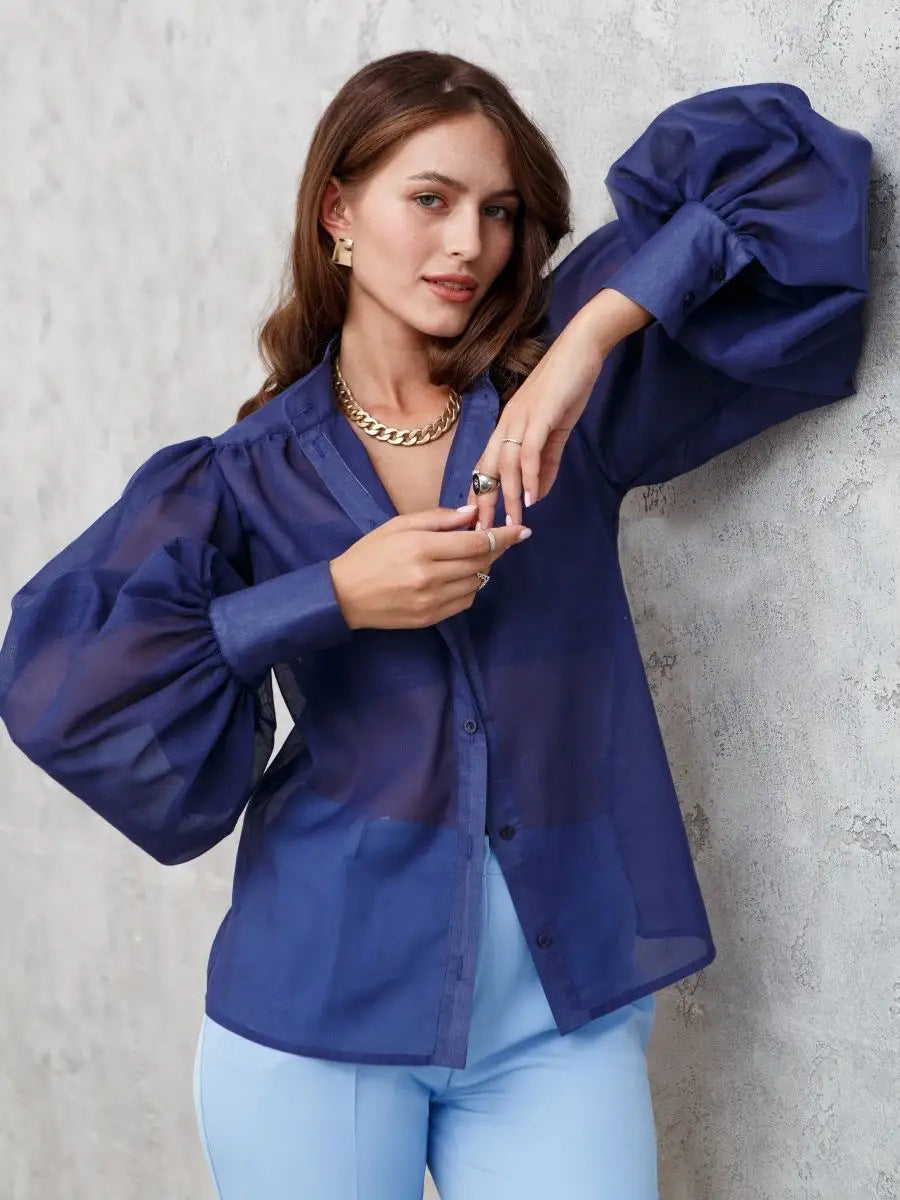 Damer Elegant Bluse med voluminøse Puffærmer og gennemsigtigt Stof Stilla