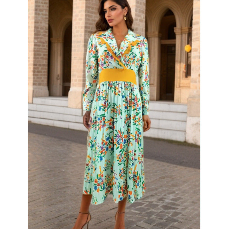 Dame Floral Print Midi Kjole med Bælte Talje Stilla