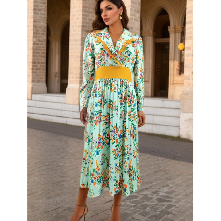Dame Floral Print Midi Kjole med Bælte Talje Stilla