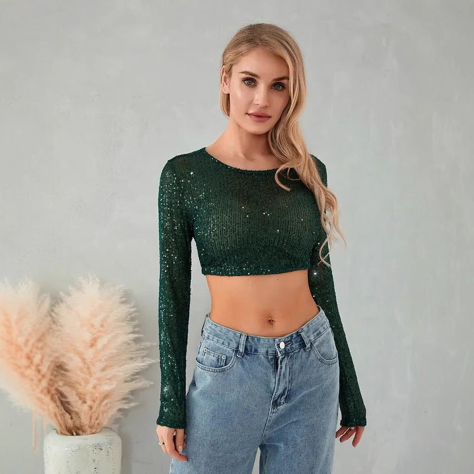 Dame Glitrende Cropped-Top med lange ærmer og funklende design Stilla