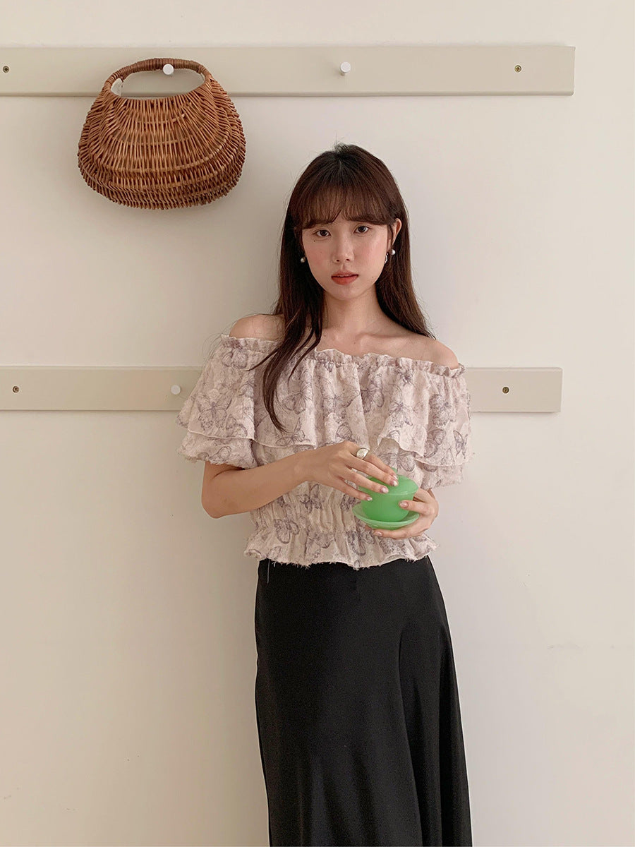 Dame Off-Shoulder Bluse med flæsedetaljer og blomstermønster Stilla