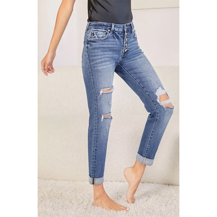 Damejeans i moderne boyfriend-snit med høje knapdetaljer og stilfuld used-look Stilla