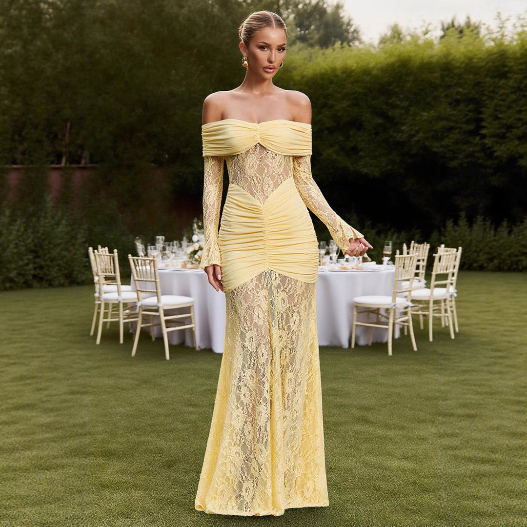 Damer Elegant Blonde Maxi Kjole med Raffinerede Flæsedetaljer og Off Shoulder Stropper Stilla