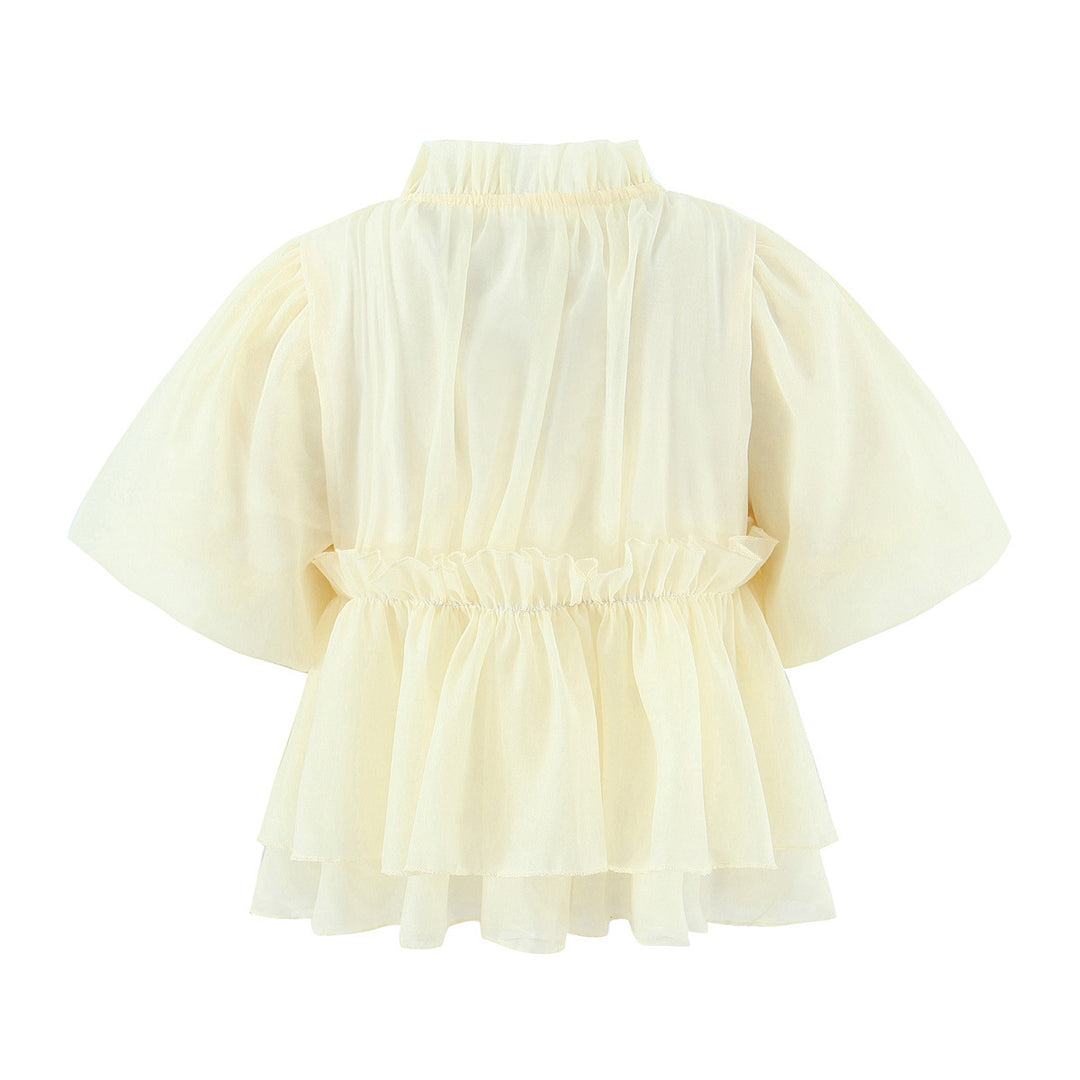 Dame trendy overdel i luftig chiffon kvalitet med flæsedetaljer og smart ståkrave Stilla