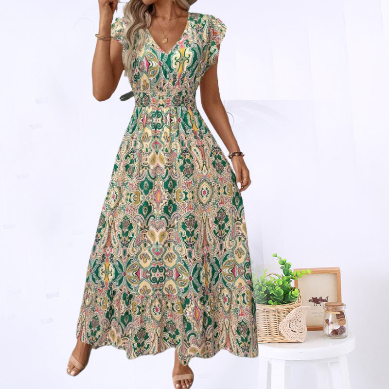 Femme Elegante Bohemian Maxi Kjole med korte ærmer Stilla
