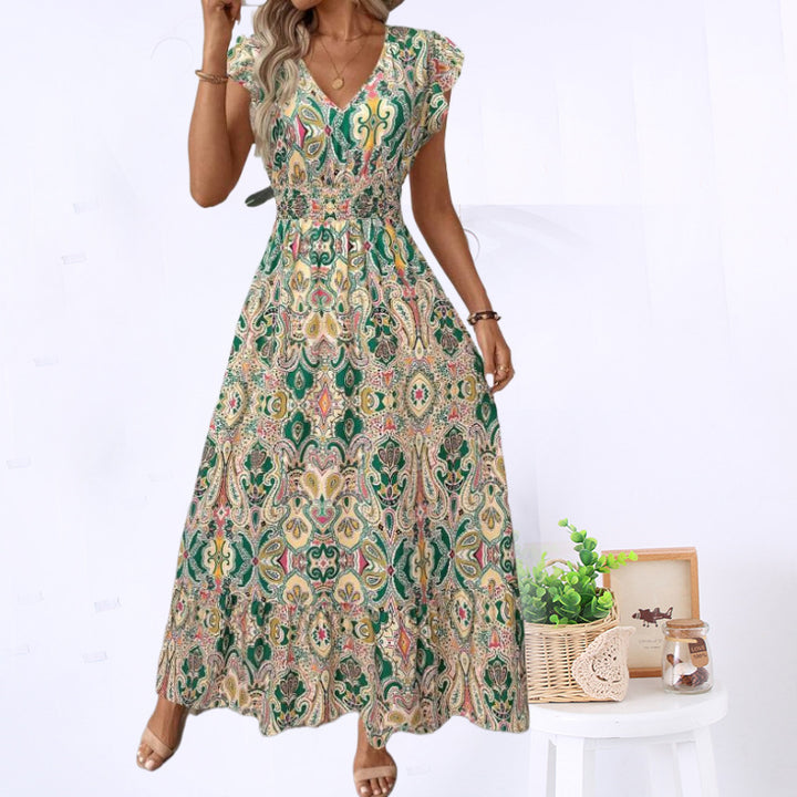 Femme Elegante Bohemian Maxi Kjole med korte ærmer Stilla