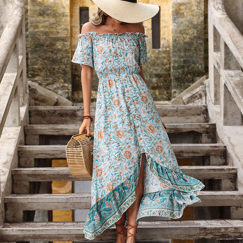 Dame Off-Shoulder Blomst Maxi Kjole med Flæsekant Stilla